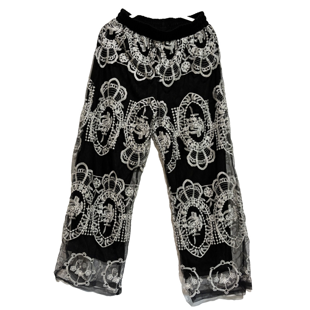 LIV Los Angeles Black Tulle White Embroidered‎ Lined Wide Leg Palazzo Pants Sz M
